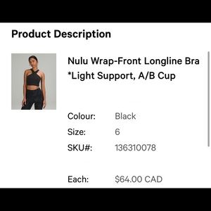 NEW (without original tag) Nulu Wrap-Front Longline Bra (Light Support, A/B Cup)